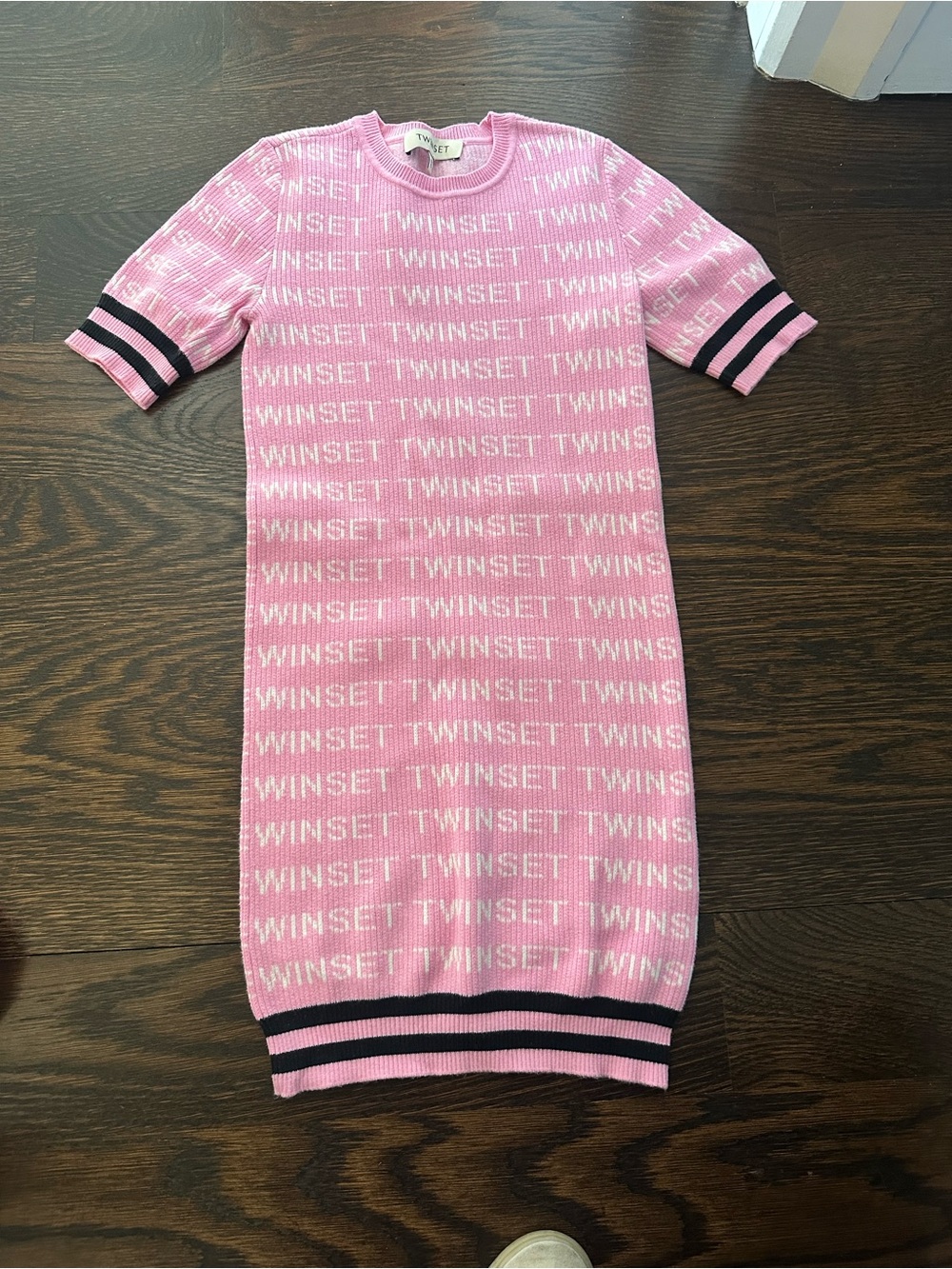Twin-Set Pink Knit Logo Kids Nightgown with Black Trim